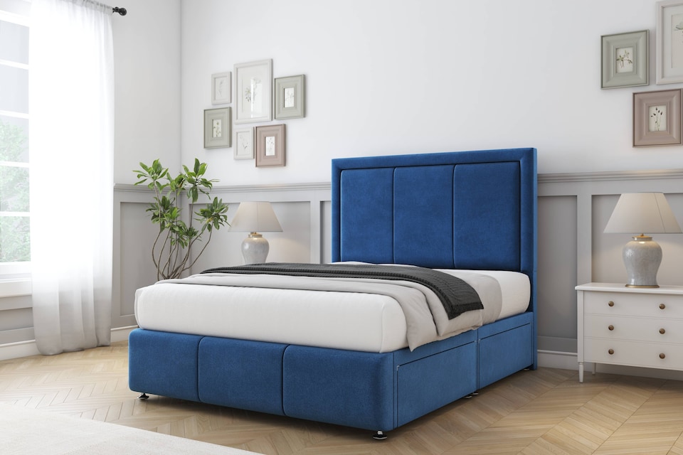 image 1 of Sloomy Lancaster Navy Plush Divan Bed With Mattress 2 Drawers Right Side With 54" Floor Standing Headboard & 12" Matching Footboard 6' Super King | Blue | Navy | Super King | 1