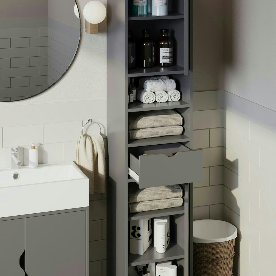 image 1 of 2 Door 1 Drawer Bathroom Cabinet | White | Oak / Oak