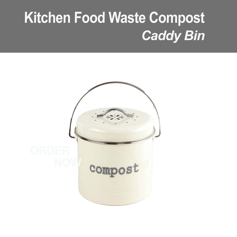 image 1 of Apollo 3L Cream Metal Kitchen Compost Caddy with Lid and Activated Charcoal Filter Countertop Food Waste Bin Odor Control Handle