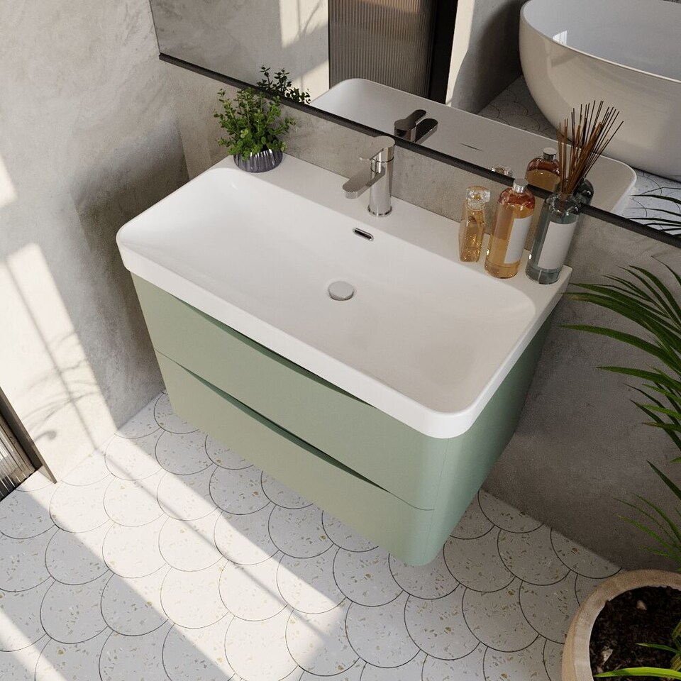 image 1 of Balterley Arch Modern Bathroom Wall Hung 2 Drawer Vanity Unit & Ceramic Basin | Green | Satin Green