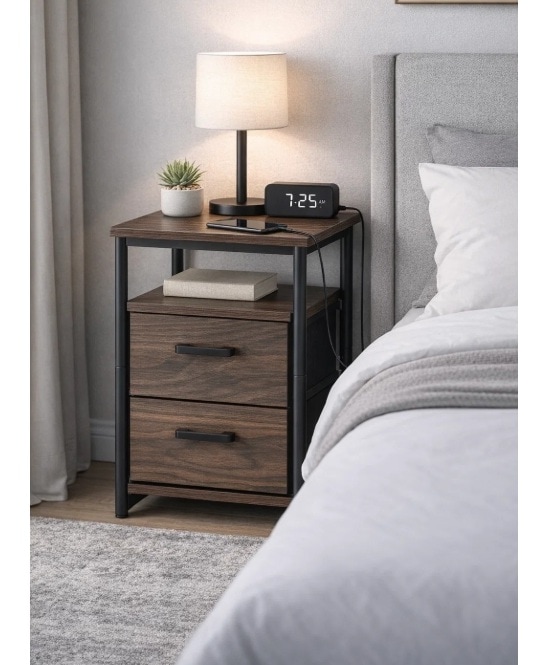 Industrial Metal Frame Nightstand with Wooden Top and 2 Folding Drawers