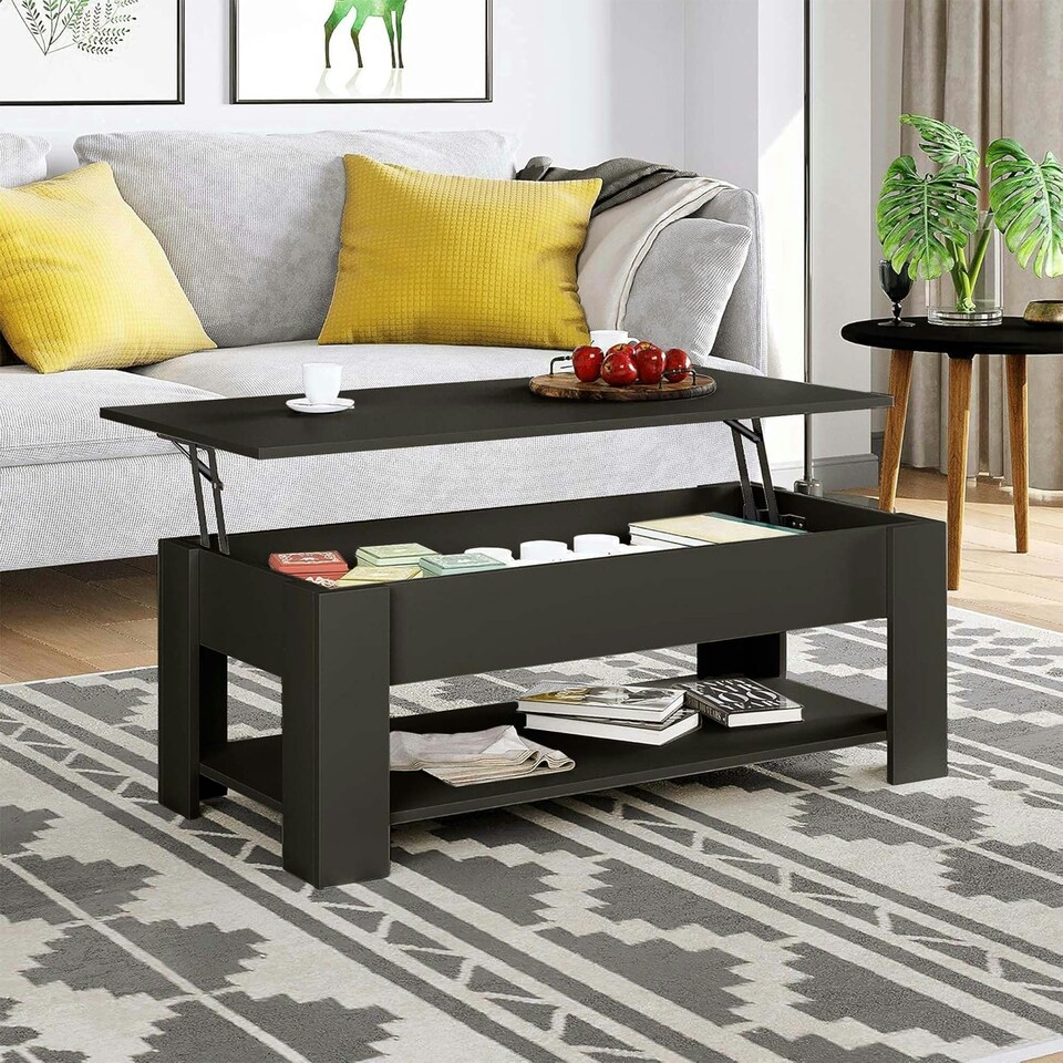 image 1 of Black High Gloss Lift Top Storage Coffee Table Black