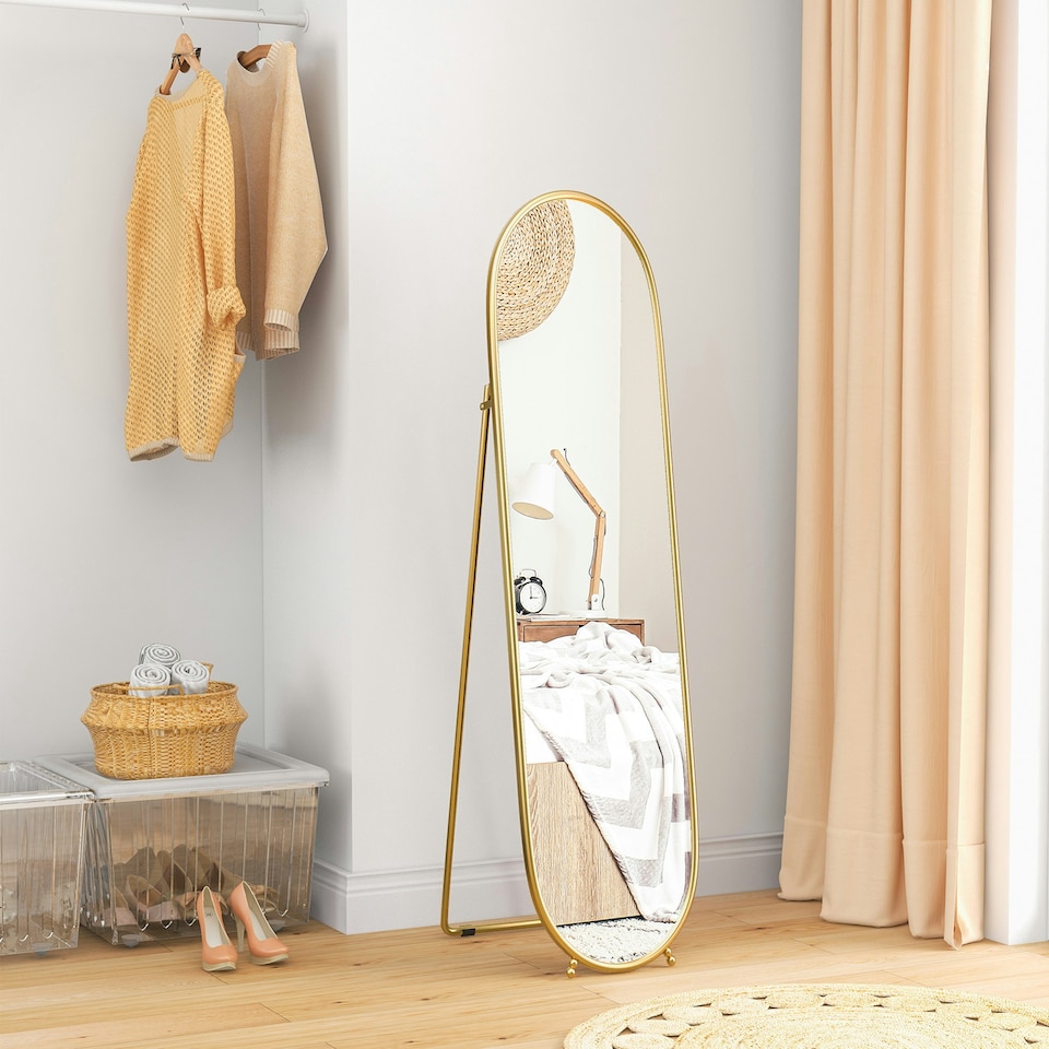 image 1 of HOMCOM Oval Full Length Mirror with Metal Frame Hanging or Leaning Gold Tone