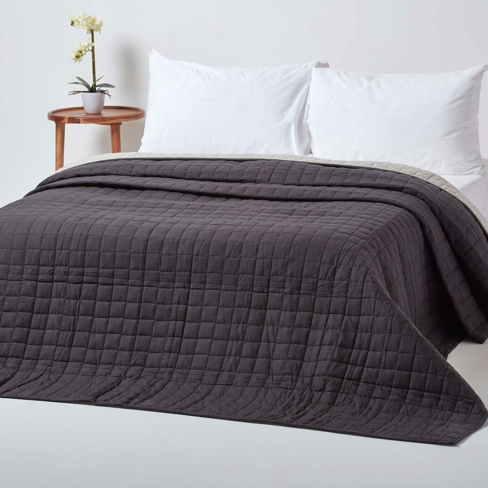 image 1 of Homescapes Cotton Quilted Reversible Bedspread Black and Grey - 200 x 200 cm | Black | 1