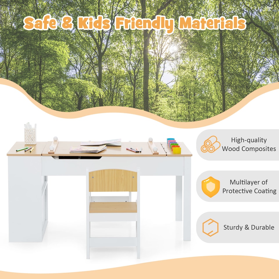 image 1 of COSTWAY 2-in-1 Kids Art Table Set with Chairs Yellow