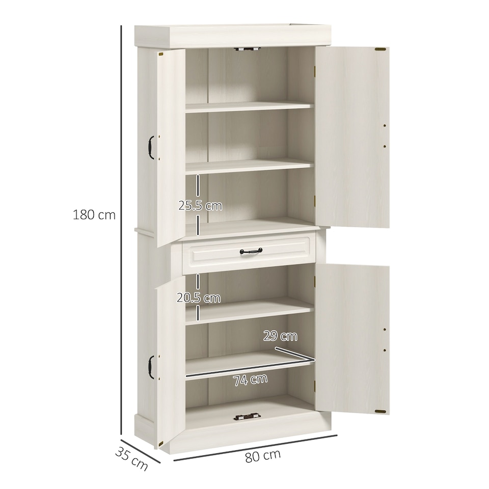 image 1 of HOMCOM Kitchen Cupboard with 4 Doors, Freestanding Storage Cabinet with Wide Drawer and Shelves for Living Room, 180cm, White Wood Grain