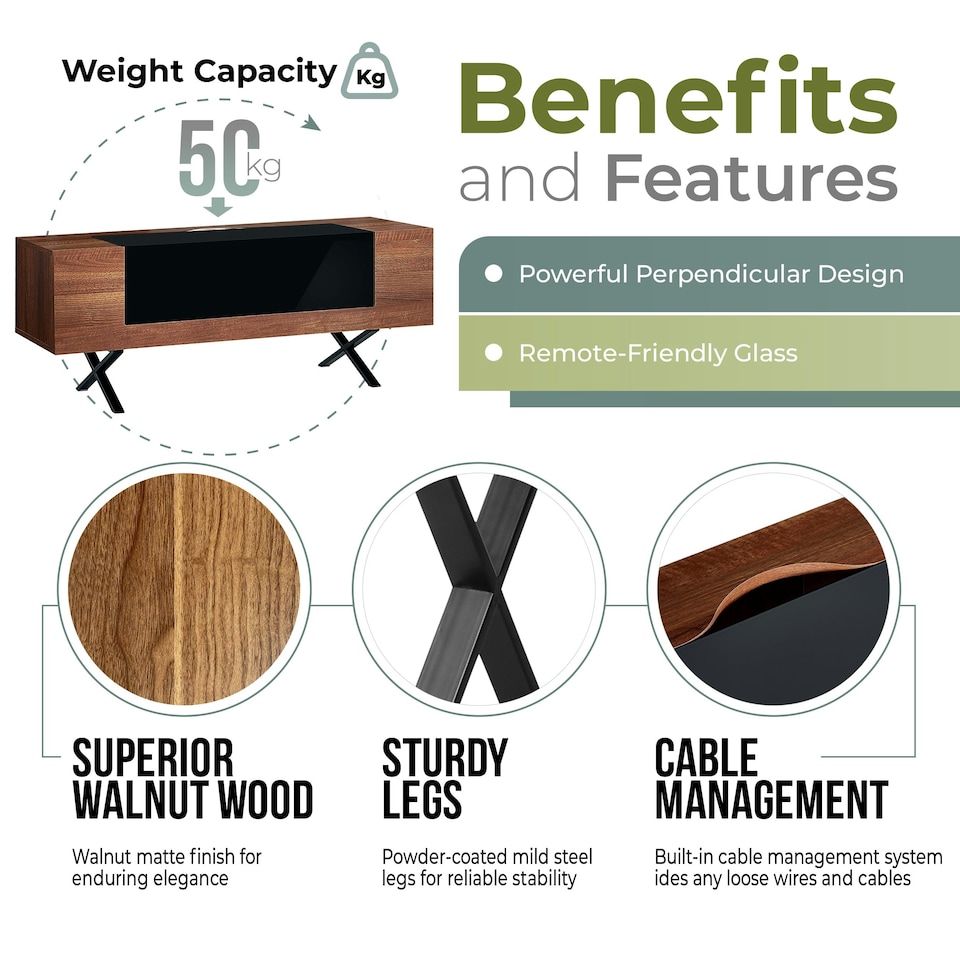 image 1 of Centurion Supports ADONIS Walnut with Black Contrast Beam-Thru Remote Friendly Door 26"-55” Flat Screen TV Cabinet Brown | Black