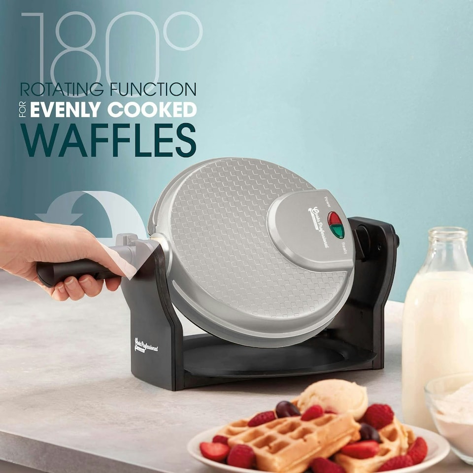 image 1 of Cooks Professional Rotary Belgian Waffle Maker Machine with Non-Stick Plates & Drip Tray | Silver