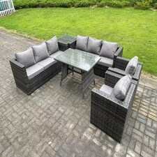 Fimous Rattan Outdoor Furniture Sofa Garden Dining Set with Patio Dining Table 2 Armchairs Side Table 8 Seater Dark Grey Mixed