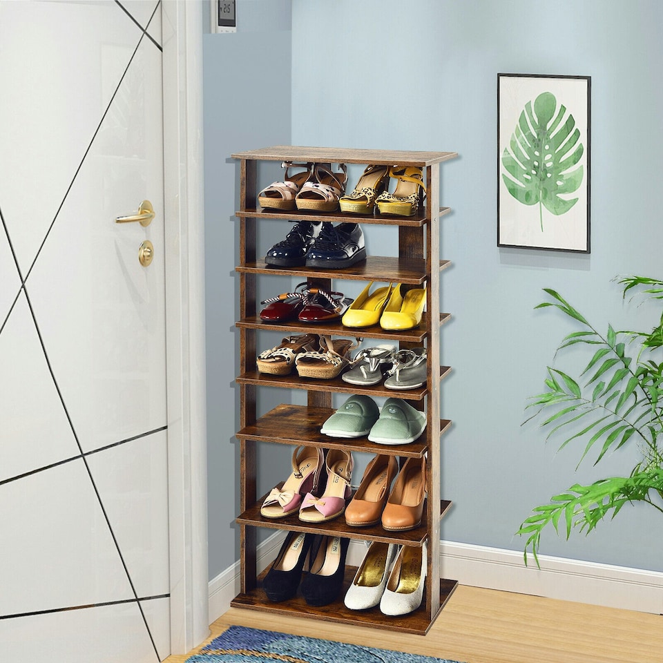 image 1 of COSTWAY 7-tier Double Shoe Storage Tower Rack Stand Brown Brown