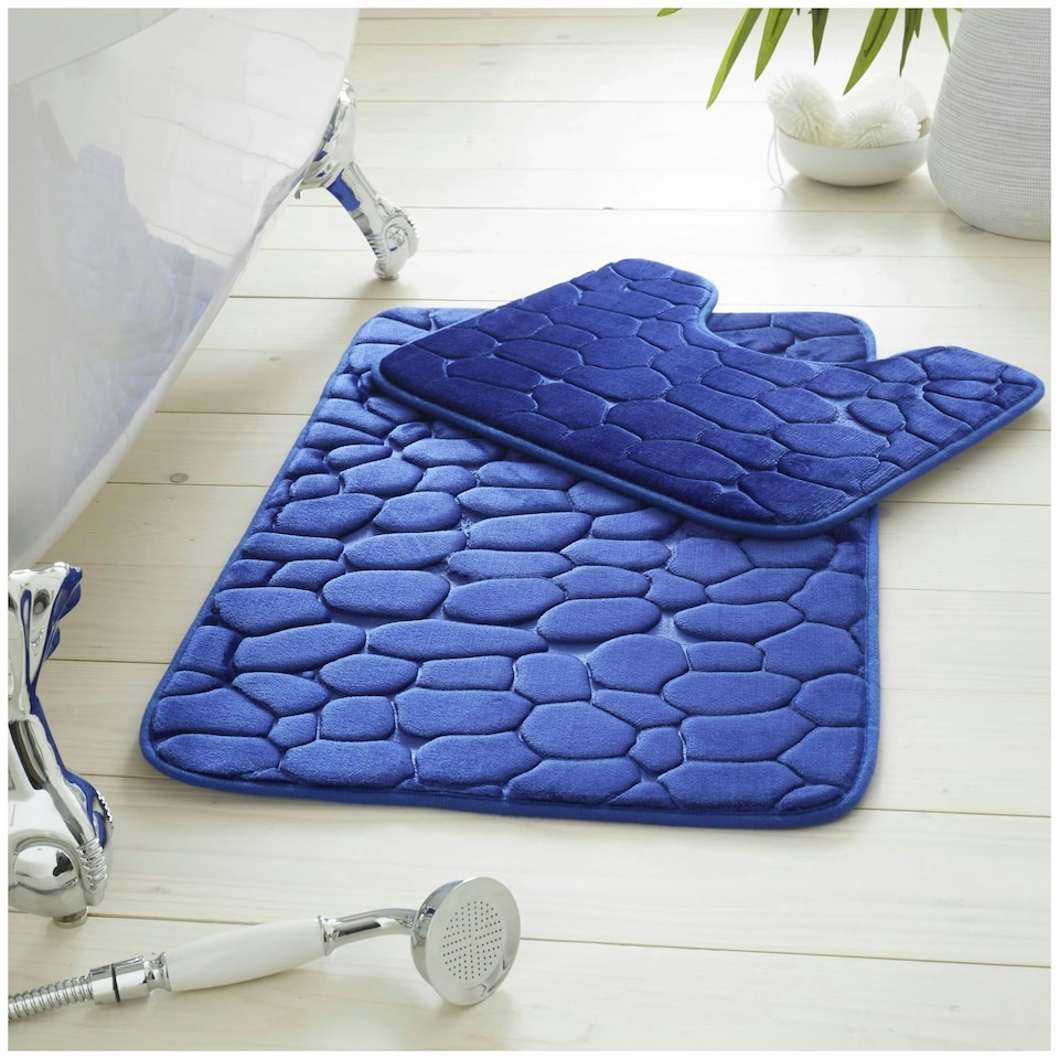 image 1 of VELVETIO 2Pc Pebble Bath Mat Set Memory Foam Bathroom Toilet Rugs Blue | Royal Blue
