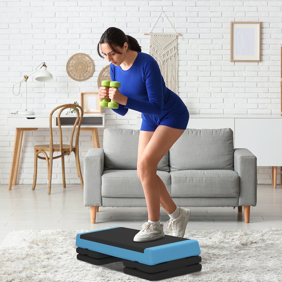 image 1 of SPORTNOW Fitness Stepper, 3-Height Adjustable Aerobic Step, Non-Slip Exercise Step Board for Home Gym Office Workout, 10.5cm, 15.5cm, 20.5cm, Sky Blue | Blue