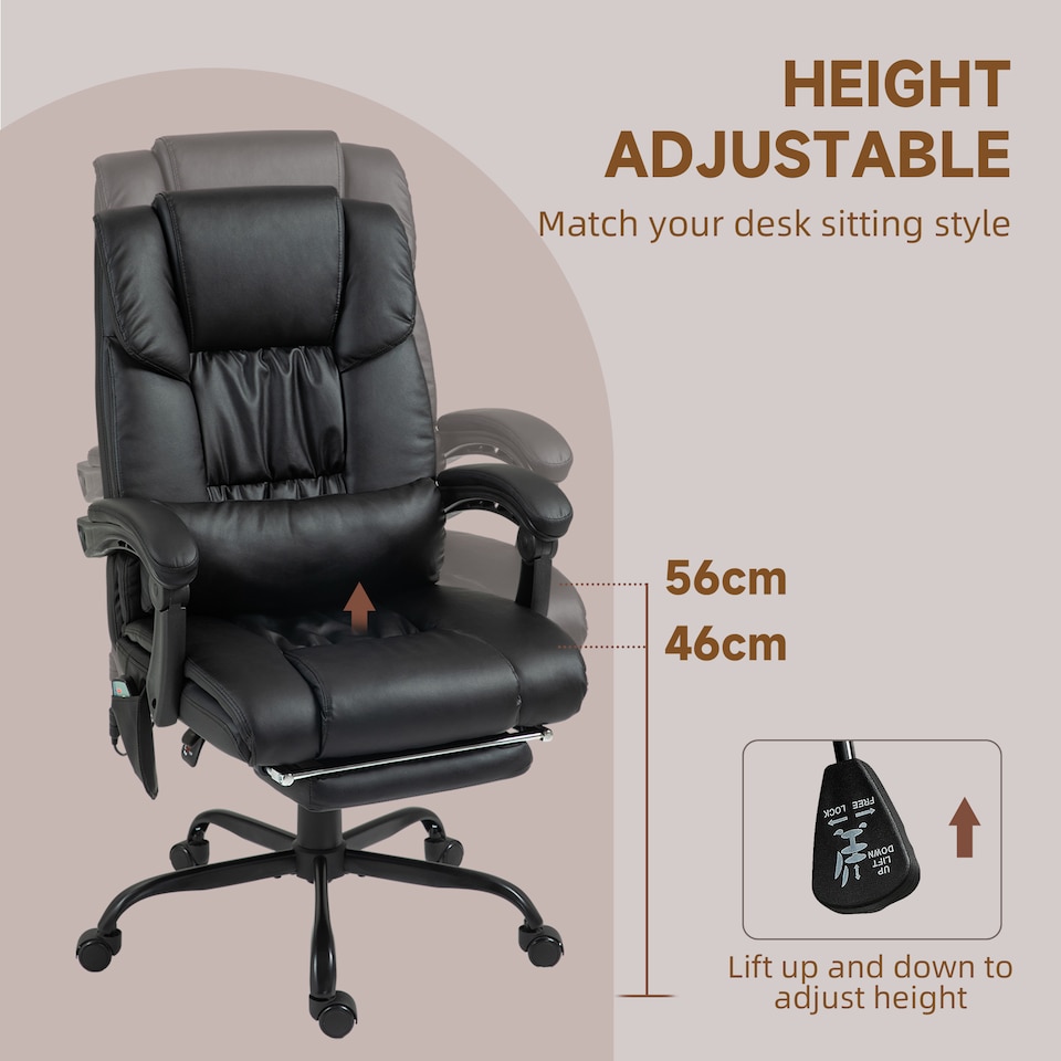 image 1 of Vinsetto 6-Point Massage Office Chair, PU Leather Desk Chair with Adjustable Height and Footrest for Home Office, Black