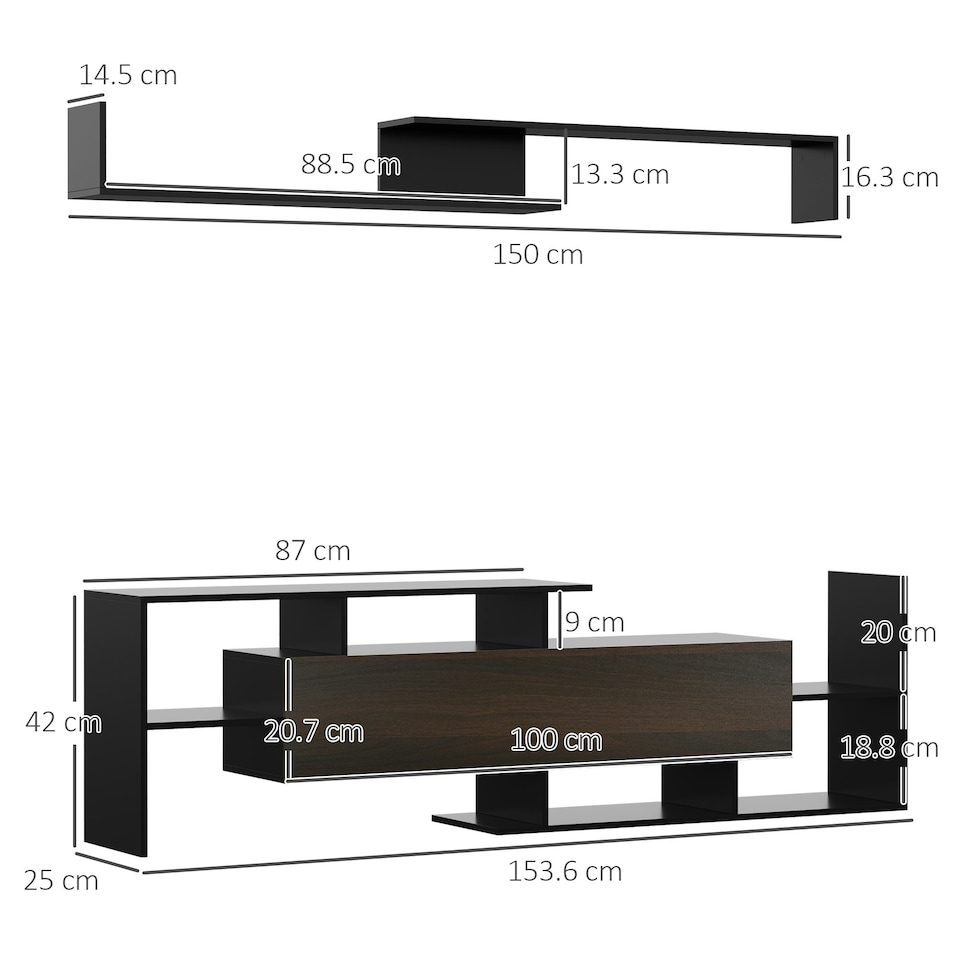 image 1 of HOMCOM TV Cabinet Unit w/ Wall-Mounted Shelf, Open Shelves Black and Brown Black