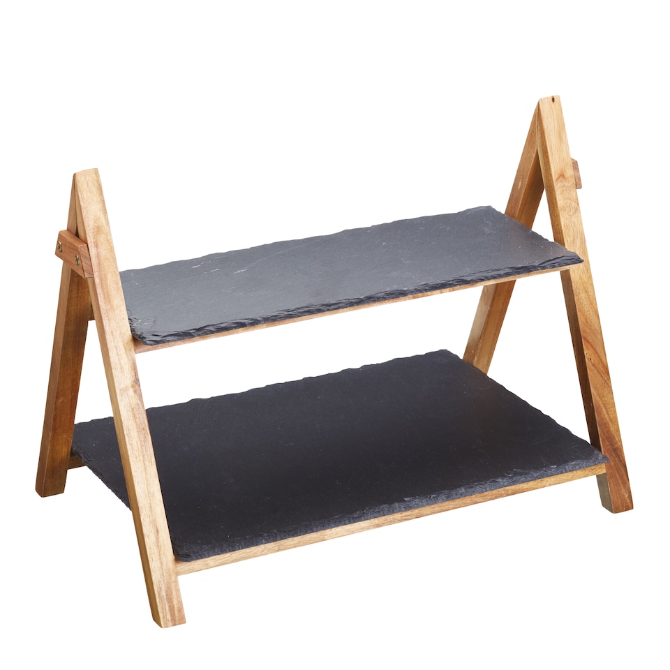 image 1 of 2pc Slate Serving Set including Turntable and Wood Stand with Two Serving Platters | Black