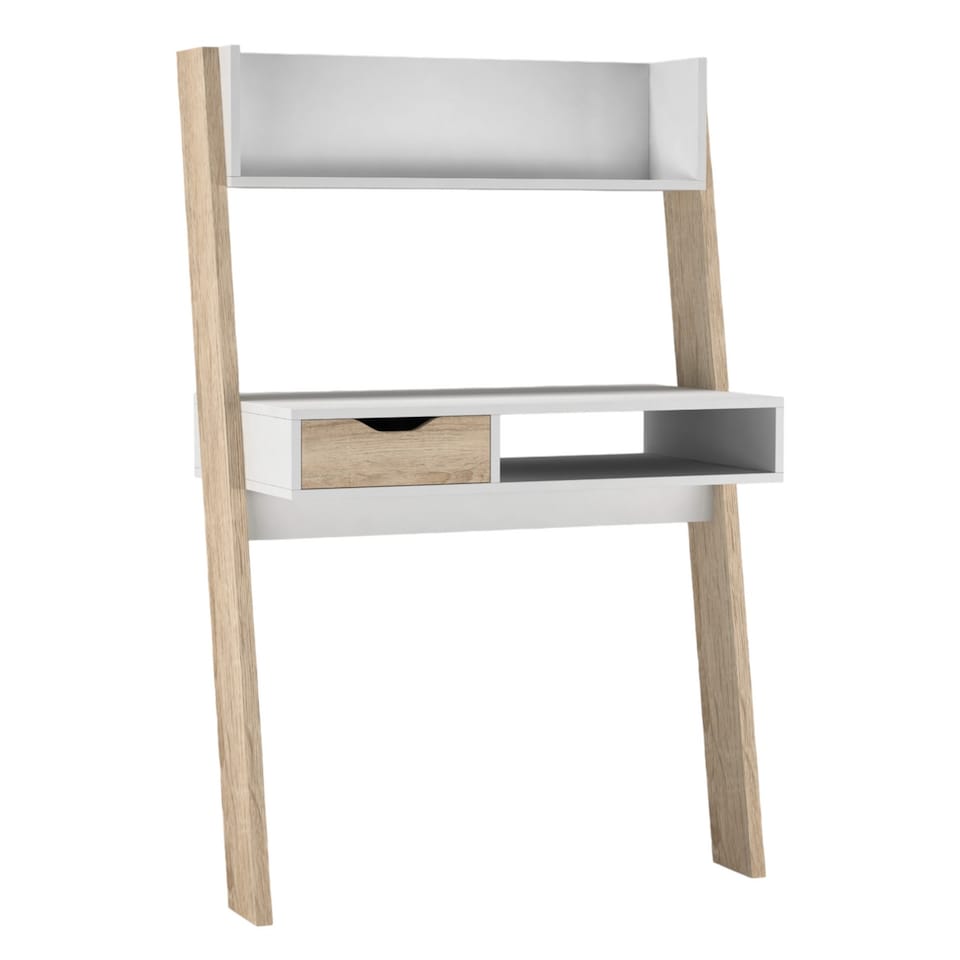 image 1 of White & Oak Ladder Desk with Drawer