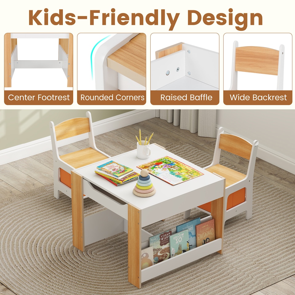 image 1 of COSTWAY Kids Table and 2 Chairs Set Multifunctional Natural