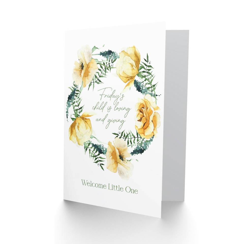 image 1 of Friday's Child Loving and Giving Floral Wreath New Baby Card