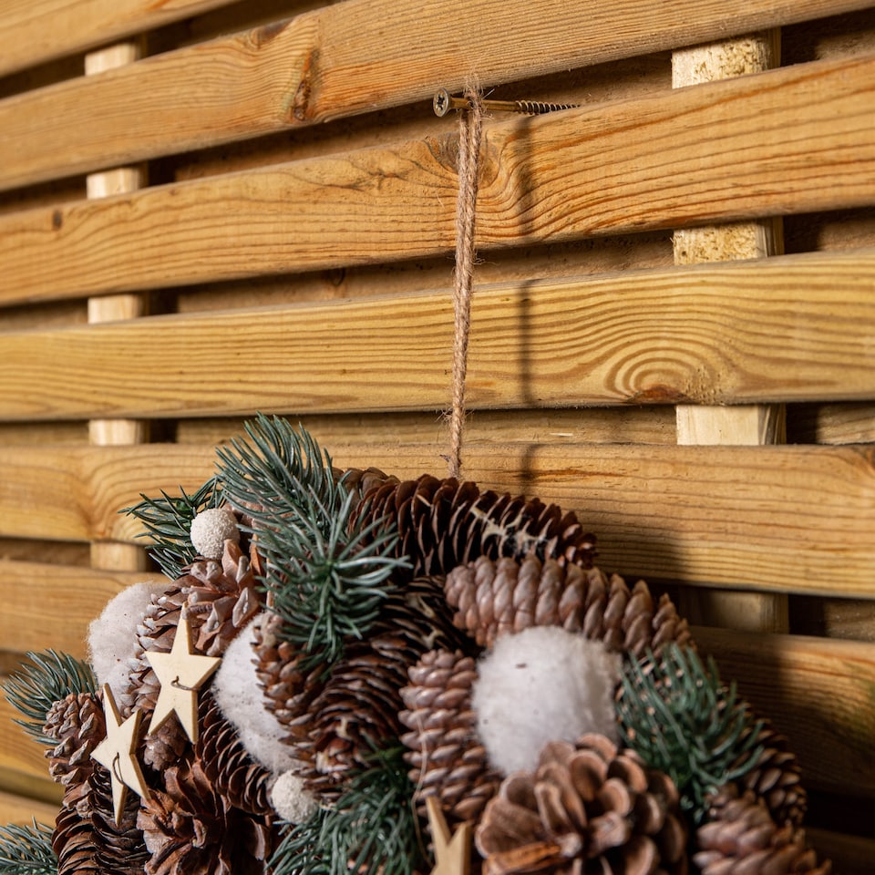 image 1 of 50cm Frosted Hanging Christmas Wreath with Pine Cones & Wooden Stars