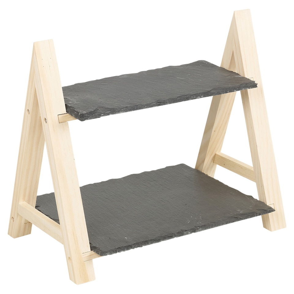 image 1 of 2-Tier Slate and Wood Snack Display Stand