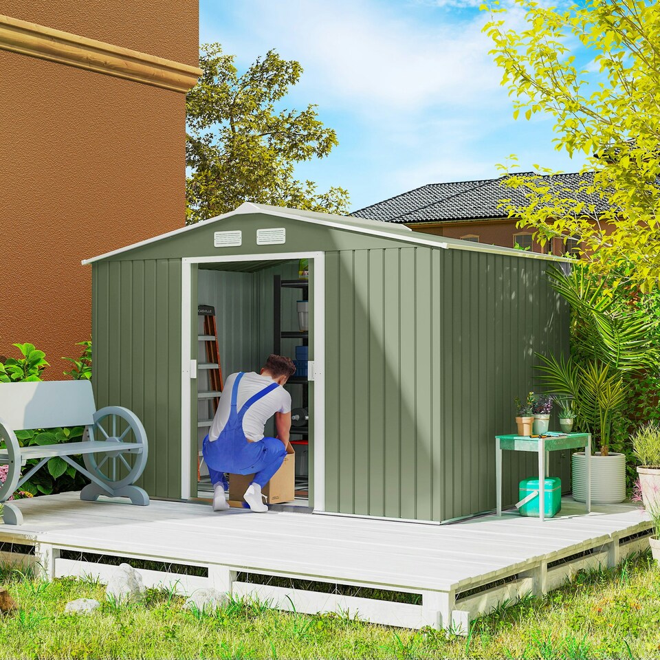 image 1 of Outsunny 9 x 6FT Galvanised Garden Storage Shed with Sliding Door, Light Green