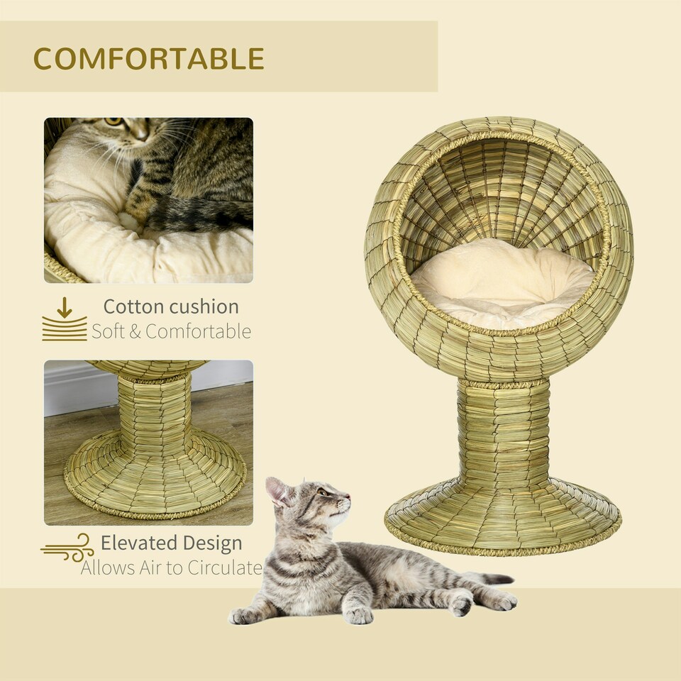 image 1 of PawHut Raised Cat House, Natural Mat Grass Cat Bed w/ Stand Cushion, Φ41x 69 cm