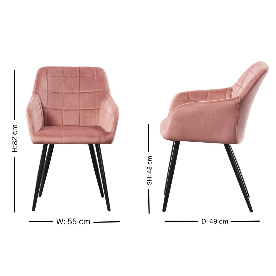 image 1 of Set of 6 Camden Modern Velvet Dining Chairs with Armrests, Quilted Design & Black Metal Legs Pink