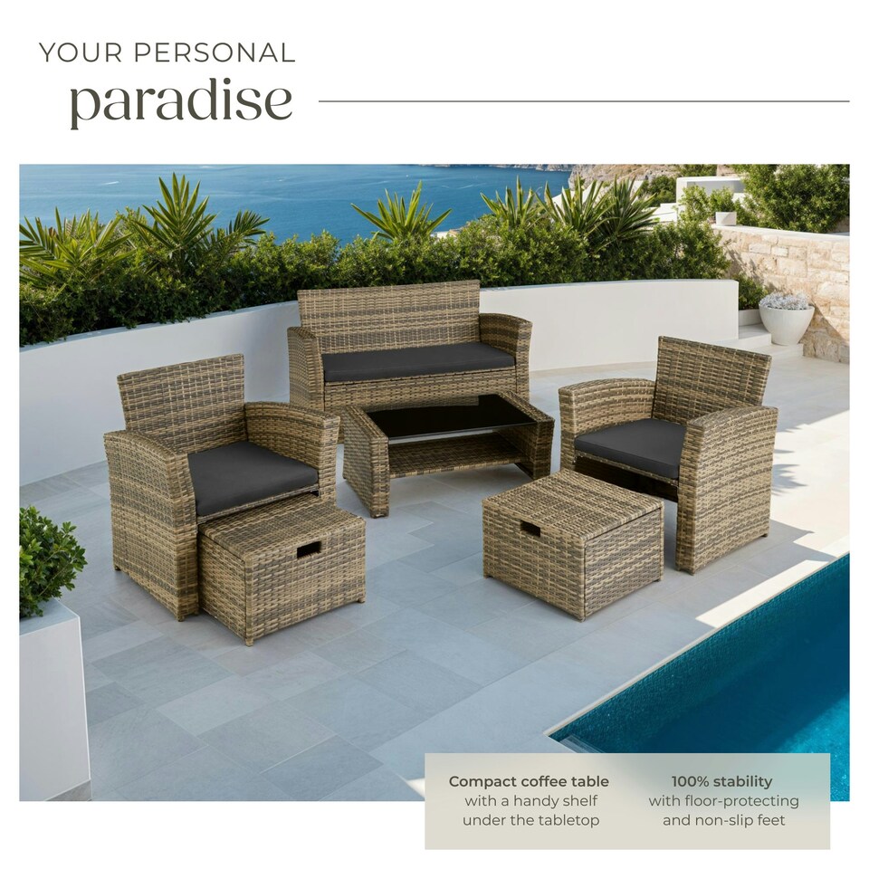 image 1 of Garden Furniture Set Modena- sofa with storage, armchairs, stools, coffee table - Nature