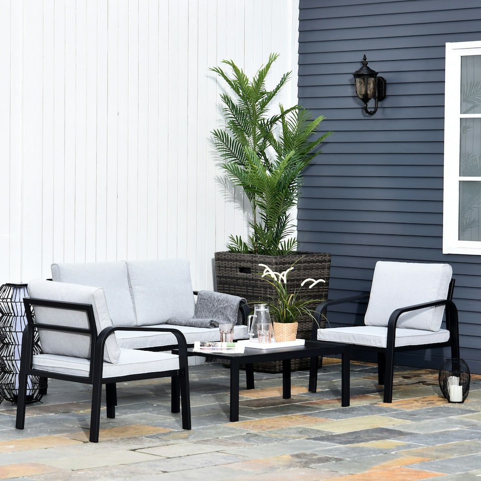 image 1 of Outsunny 4pcs Garden Sectional Loveseat Chairs Table Furniture w/ Cushion, Black