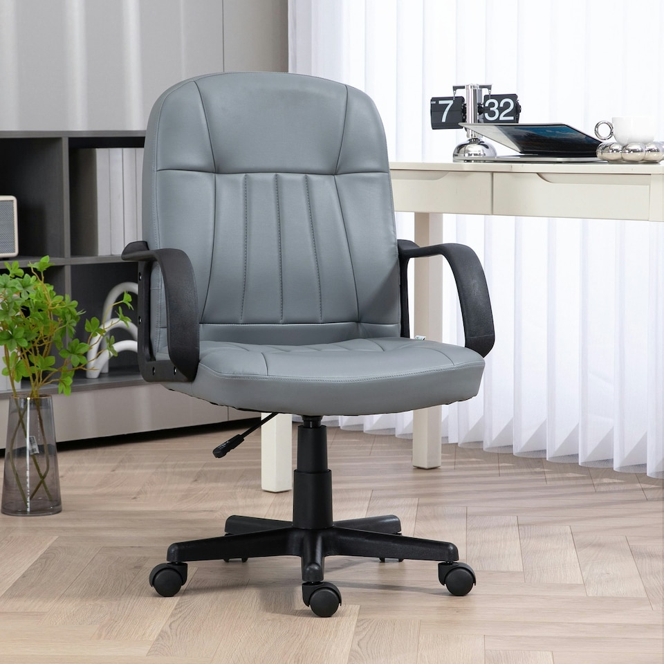 image 1 of HOMCOM PU Leather Office Chair Swivel Home Mid-Back Computer Desk Chair, Grey