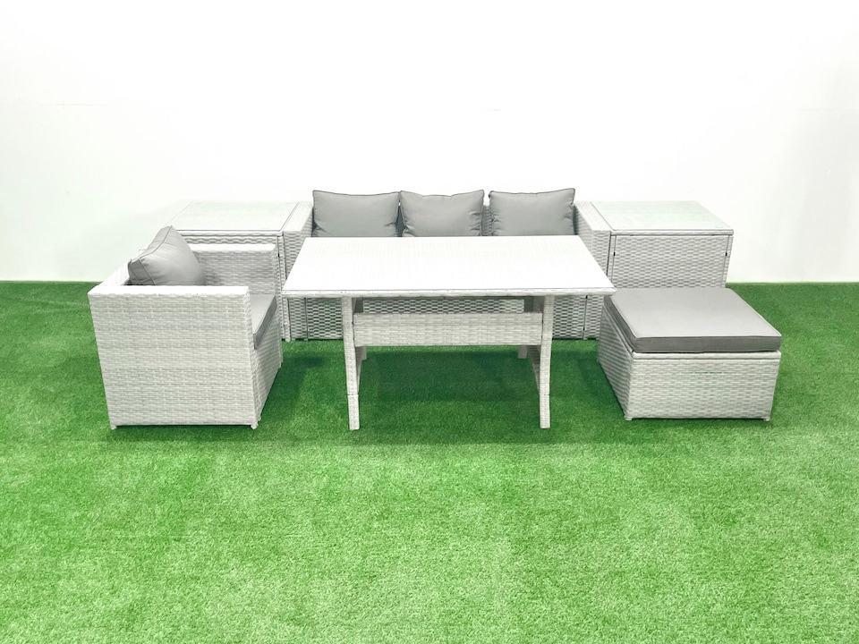 image 1 of Fimous Rattan Garden Furniture Dining Set 5 Seater Lounge Sofa Chair Dining Table Set with Big Footstool Light Grey Mixed