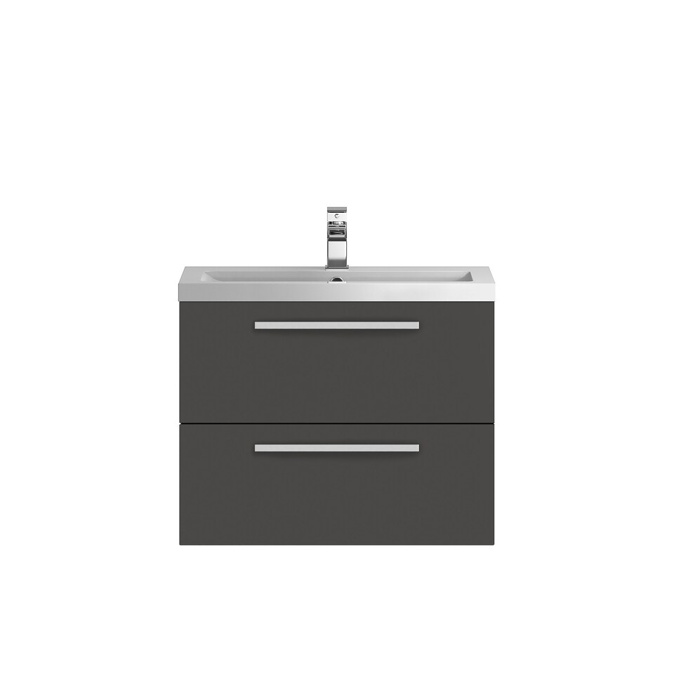 image 1 of Wall Hung 2 Drawer Vanity Unit with Polymarble Basin, 720mm - Gloss Grey Grey