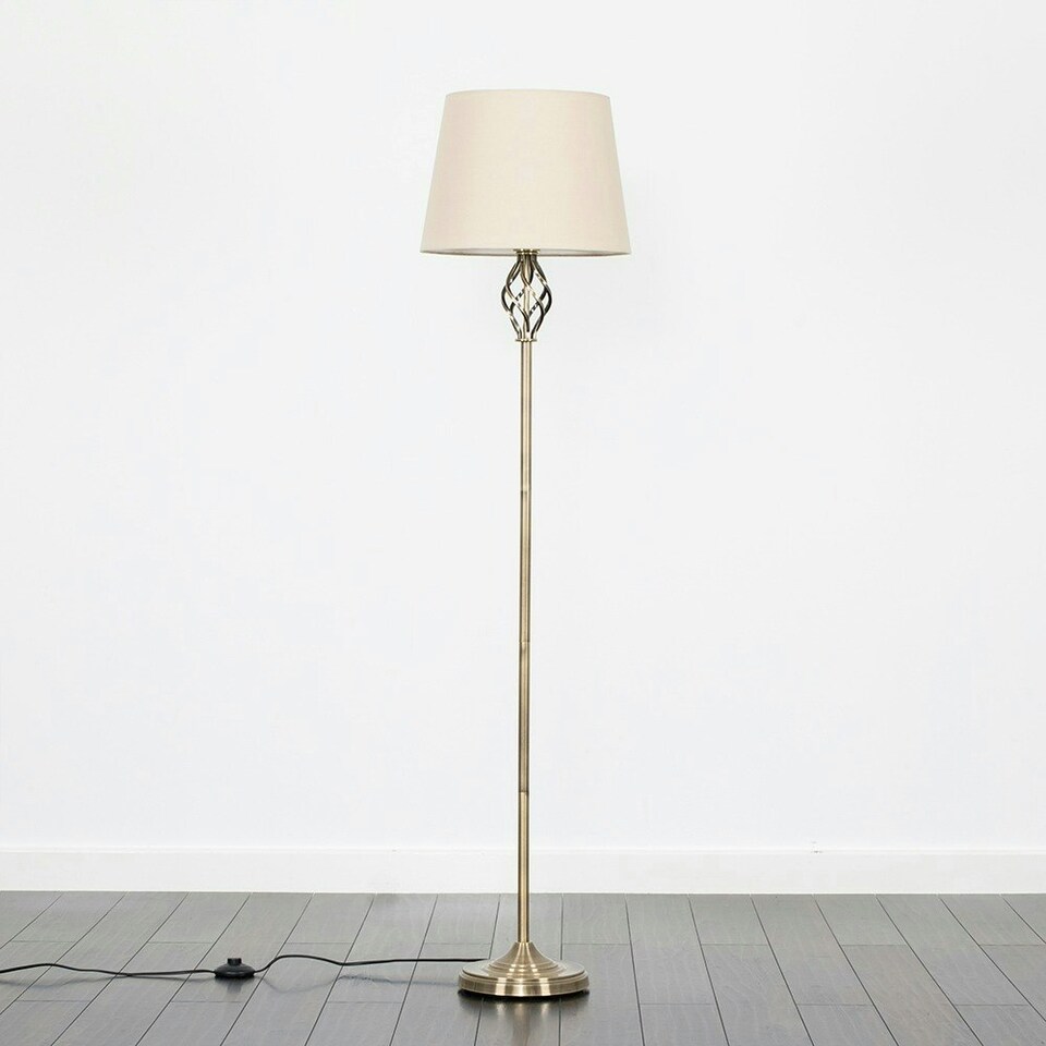 image 1 of ValueLights Traditional Style Antique Brass Barley Twist Floor Lamp With Beige Light Shade