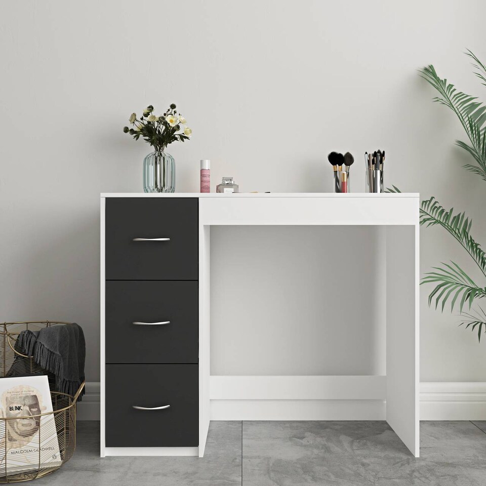 image 1 of 3-Drawer Wooden Desk and Dressing Table - Multi-Functional, 79.5x93x40 cm | White | White & Black | 22.5 x 43.5 x 98.5 | 1