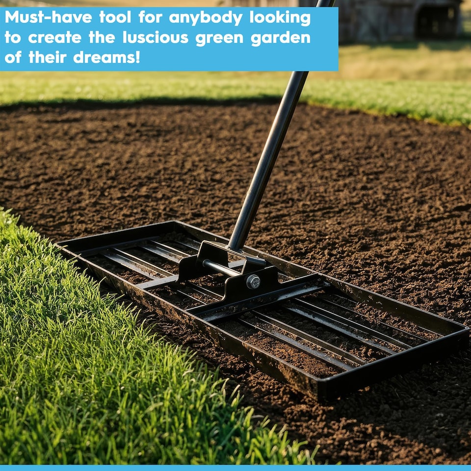 image 1 of Harbour Housewares Heavy Duty Steel Lawn Levelling Rake - 106 x 25cm - Wide Garden Leveling Tool Soil Spreader Landscaping Tool