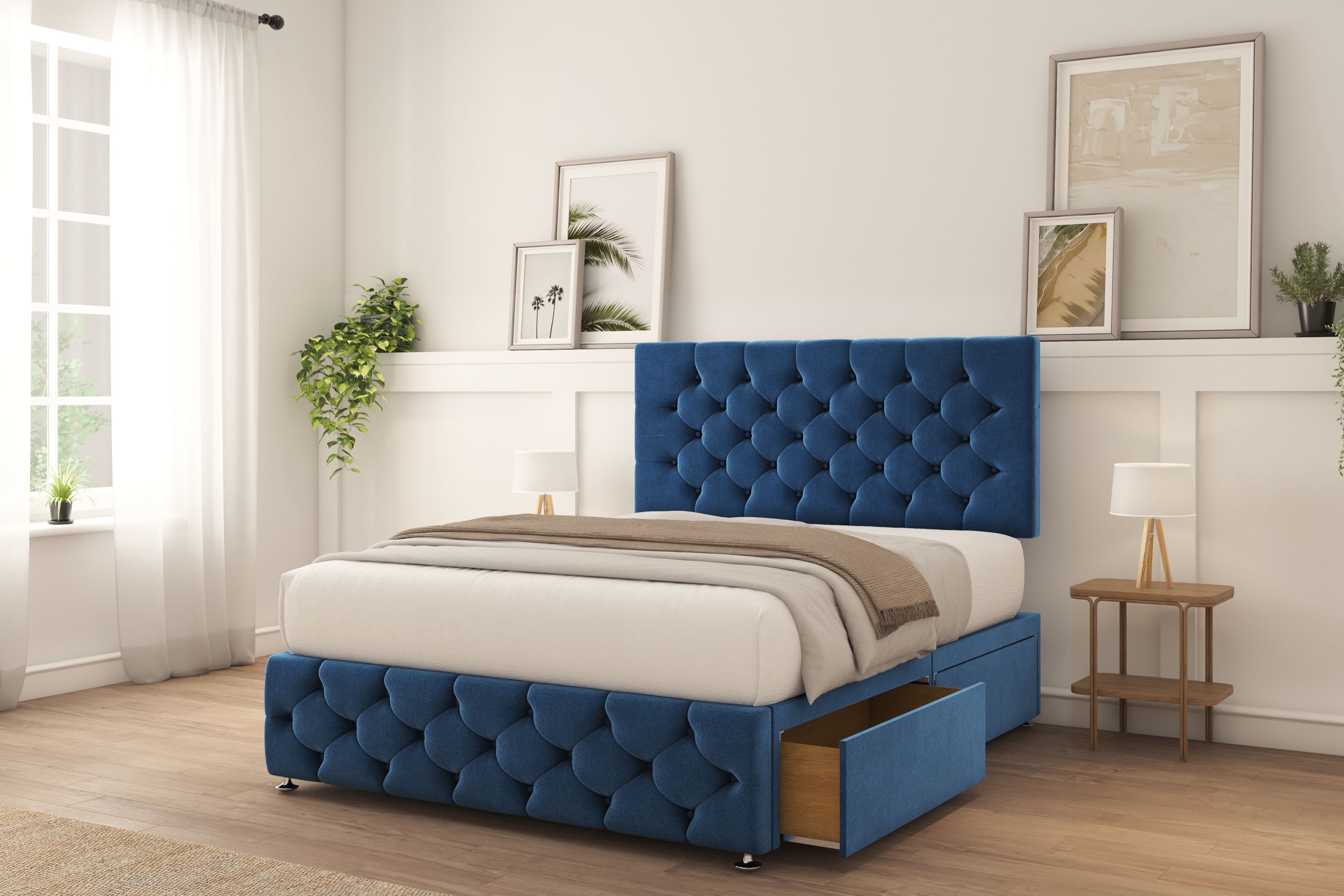 Sloomy Watson Navy Plush Divan Bed With Mattress 2 Drawers Foot-End 26" Strutted Headboard & 12" Footboard 6' Super King