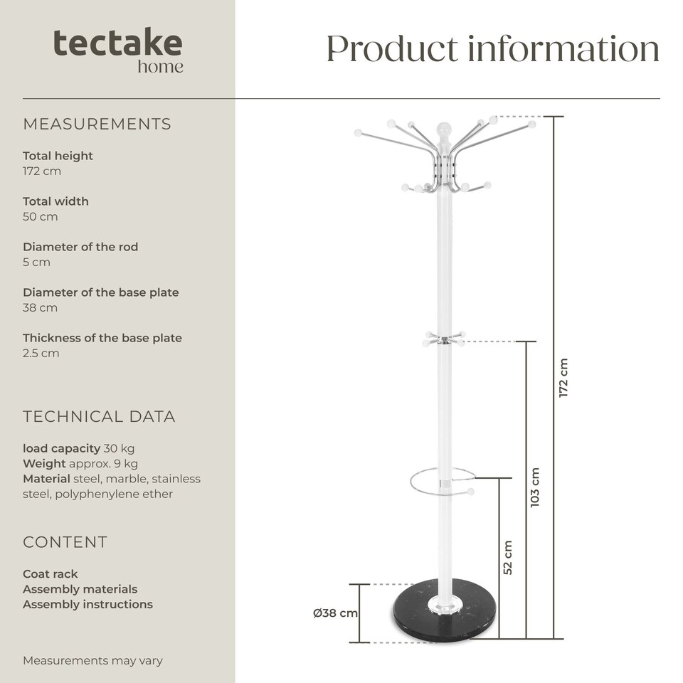 image 1 of Coat Stand - 16 hooks, with umbrella and bag holder | White | white | One Size | 1