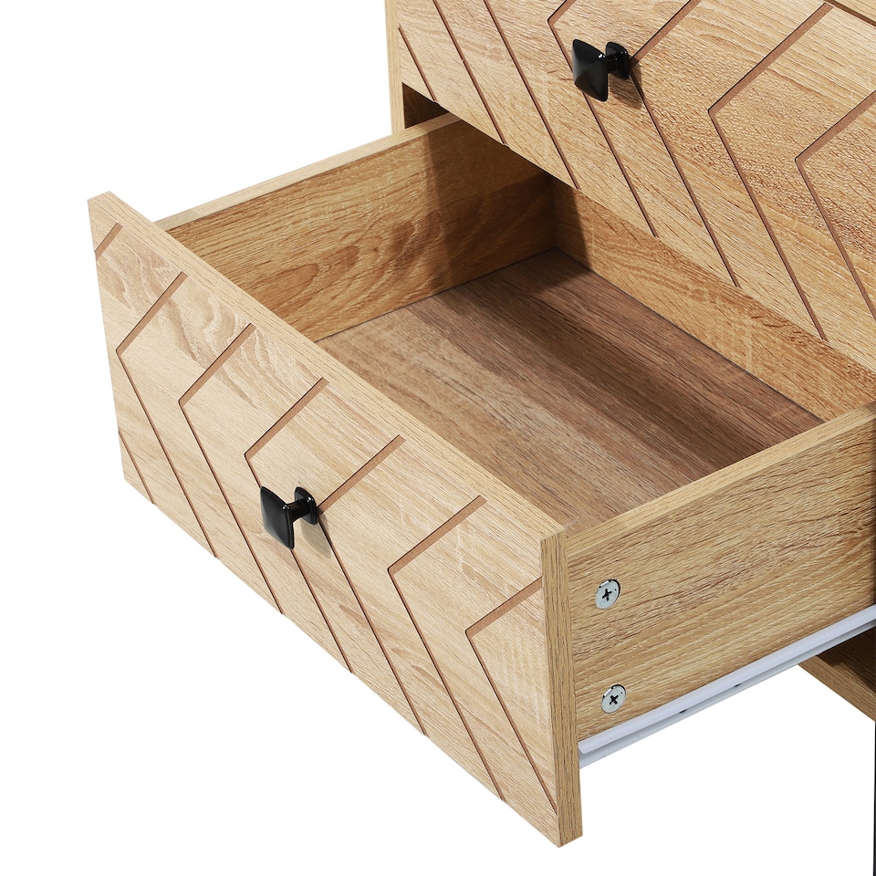 image 1 of HOMCOM Bedside Table Nightstand Two-Drawer Bedroom Storage Unit Zig Zag Design with Black Metal Handles, Natural