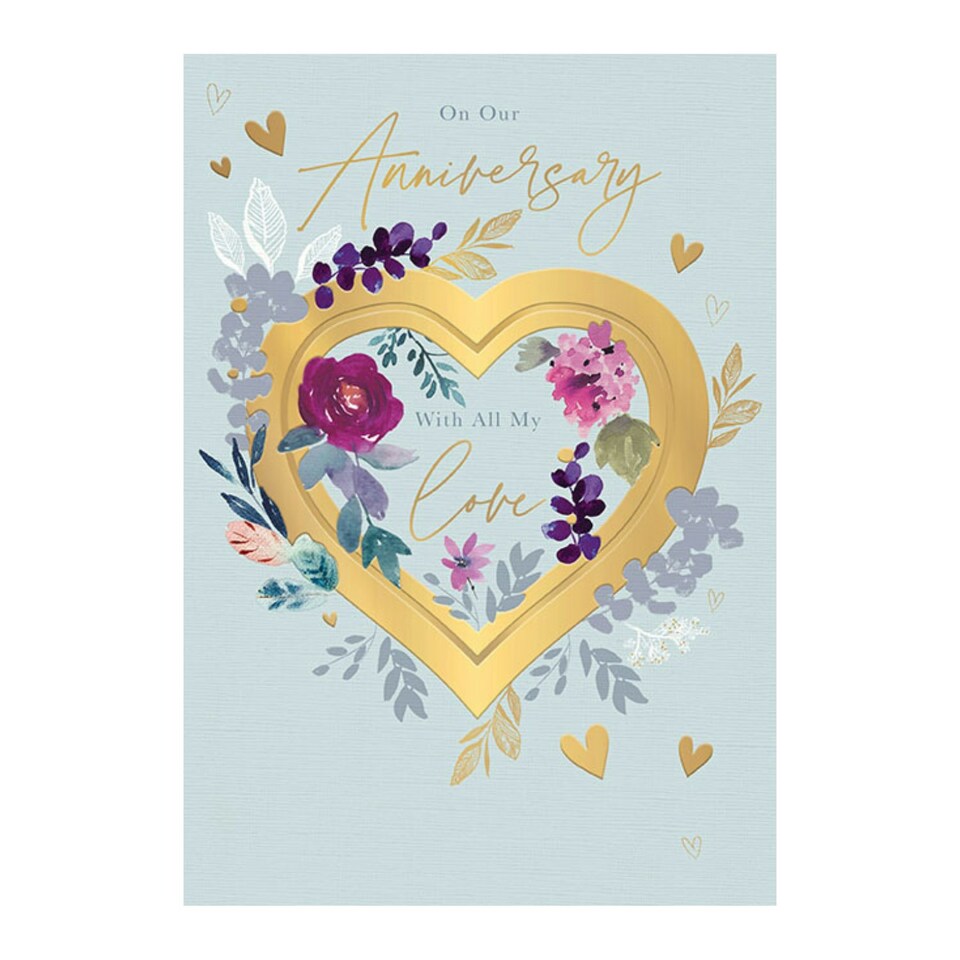 image 1 of Words 'n' Wishes Our Anniversary Card - Happy Anniversary Card for Husband or Wife with Floral 'All My Love' Heart Wreath Design and an Embossed Foil Finish