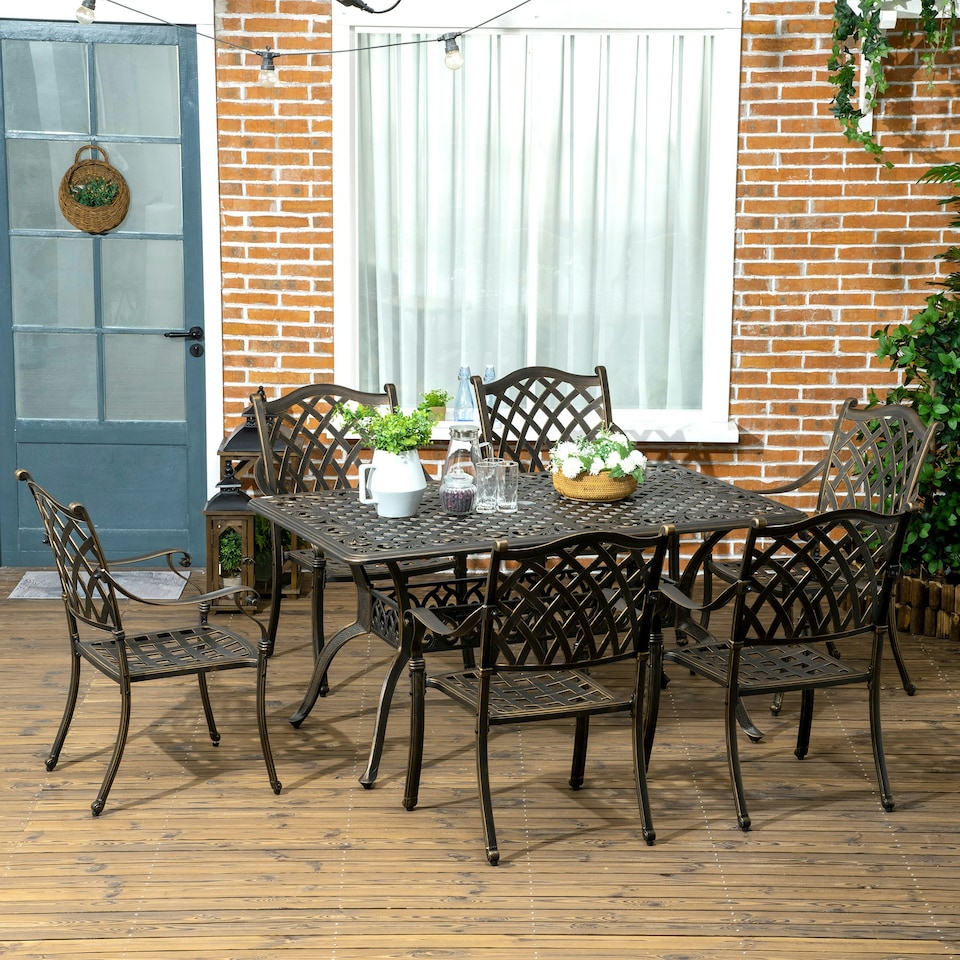 image 1 of Outsunny 7-PC Cast Aluminum Patio Dining Set with Umbrella Hole
