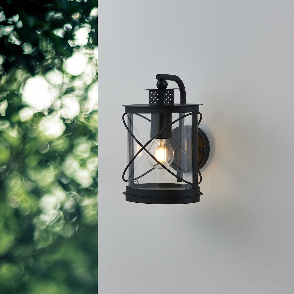 image 1 of EGLO Hilburn Black Lantern-style Steel & Plastic Outdoor Wall Light | Black