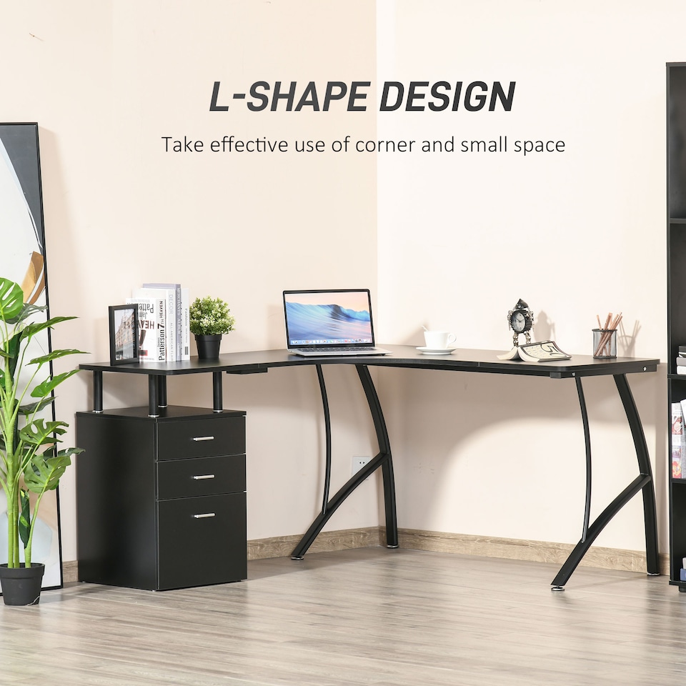 image 1 of HOMCOM L-Shaped Computer Desk Table with Storage Drawer, Home Office Desk Corner Industrial Style Workstation for A4 Files 143.5 x 143.5 x 76cm, Black