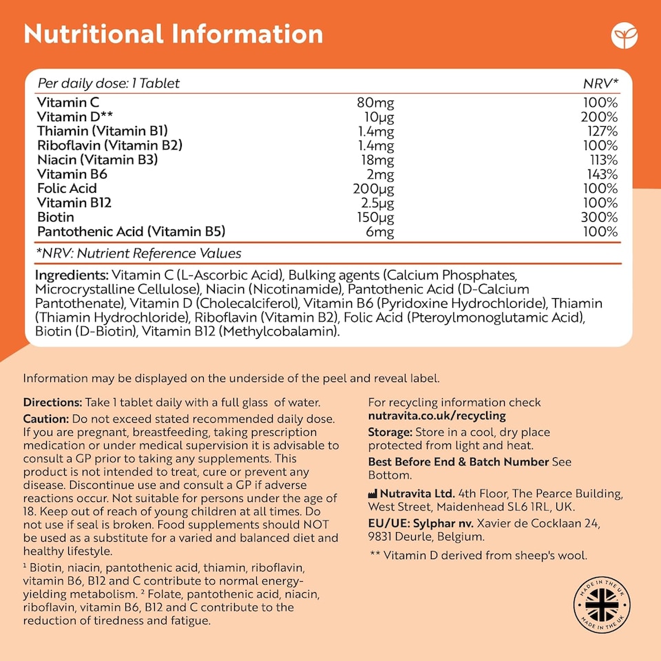 image 1 of Nutravita Vitamin B Complex High Strength with Vitamin D + Vitamin C for Energy-Yielding Metabolism - Reduction of Tiredness (EFSA) - 500 Tablets