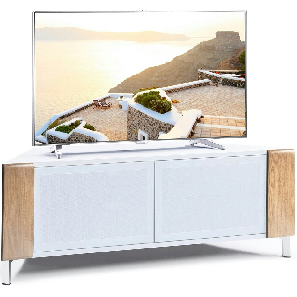 image 1 of MDA Designs CORVUS Corner-Friendly Gloss White Contemporary Cabinet with Oak Profiles White BeamThru Glass Doors Suitable for Flat Screen TVs up to 50" | Multi | 1