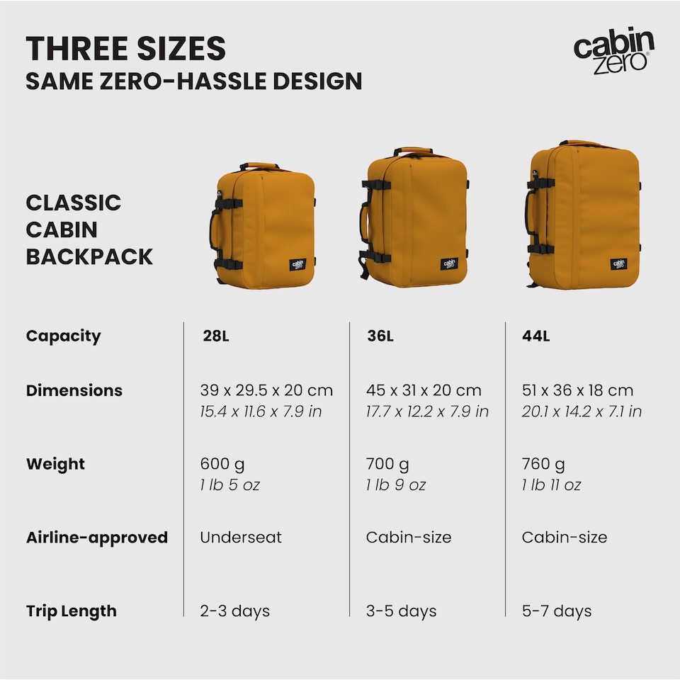 image 1 of CabinZero Classic 28L Lightweight Cabin Backpack, Airline Approved Underseat | Orange | Orange Chill