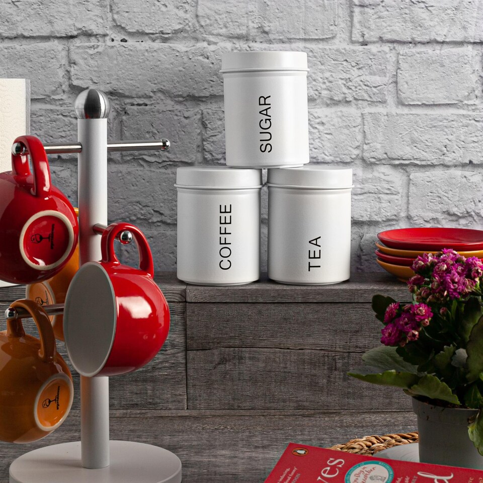 image 1 of Harbour Housewares Round Metal Kitchen Tea Coffee Sugar Canisters - Matt White