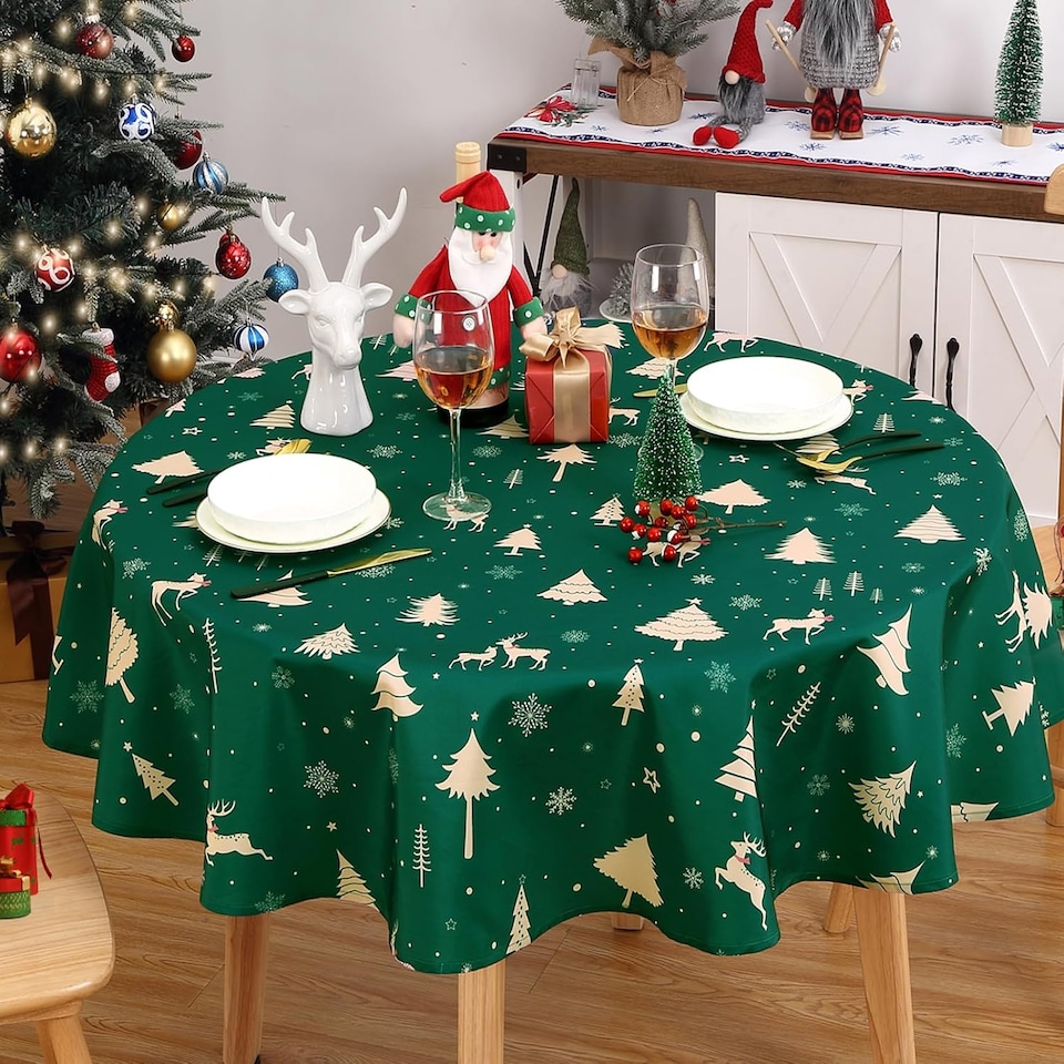 image 1 of London Boutique Round Christmas Tablecloth, Deer Pattern, Waterproof Table Cloth, 60 inch, Green