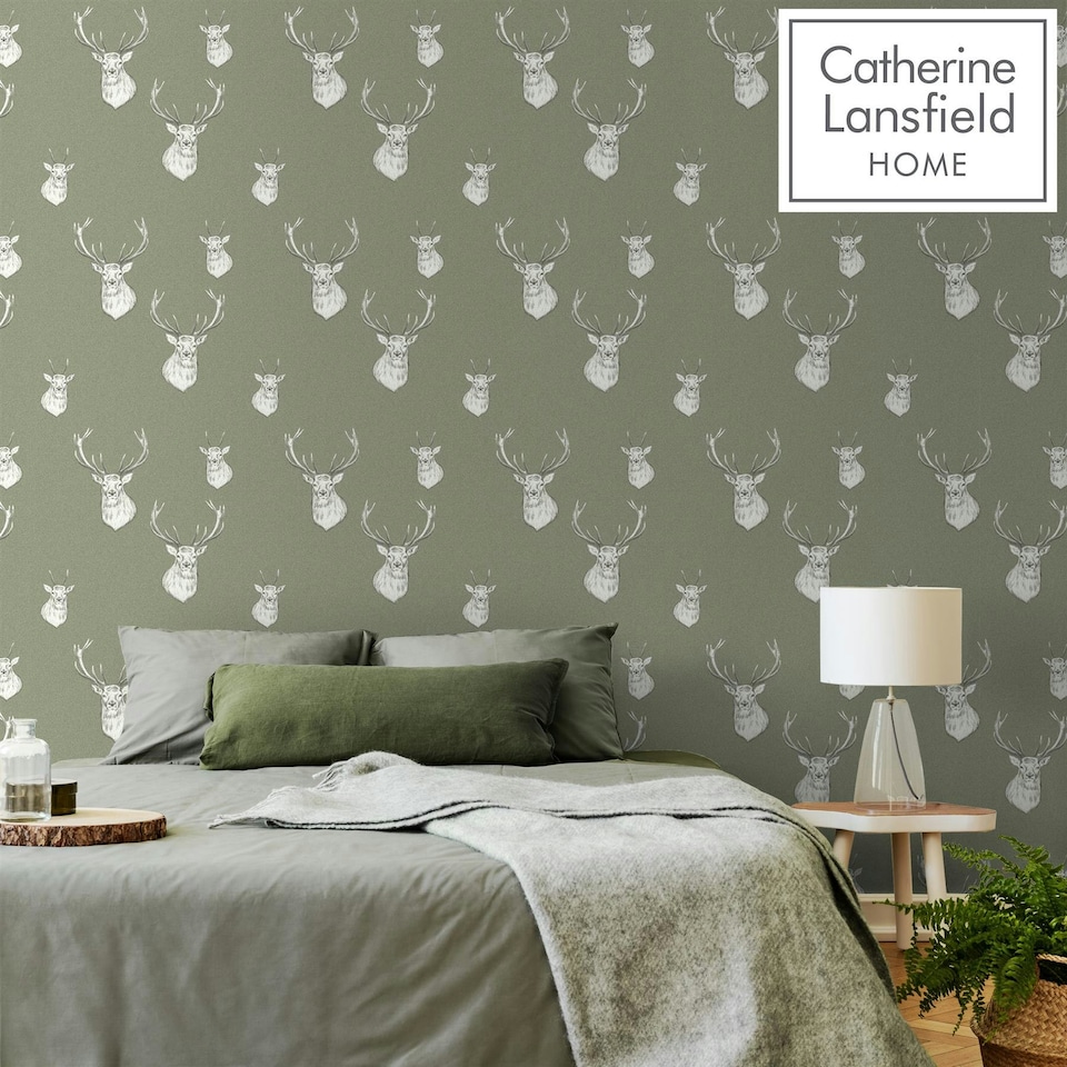 image 1 of Catherine Lansfield Stag Green Wallpaper Green | Green