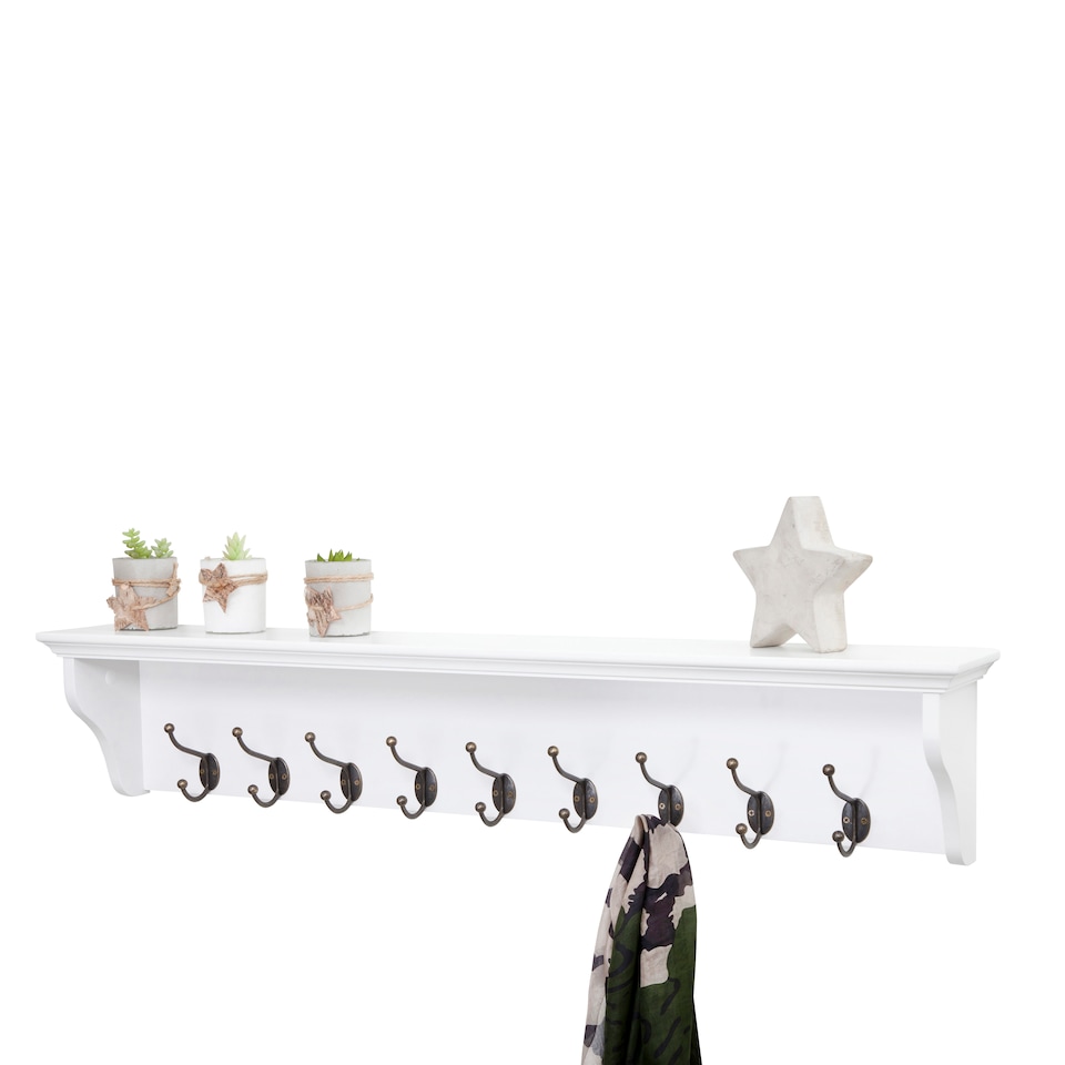 image 1 of Richmond White Wooden Wall Mounted Coat Rack - 9 Hooks, Shelf, Hallway, Bathroom | White