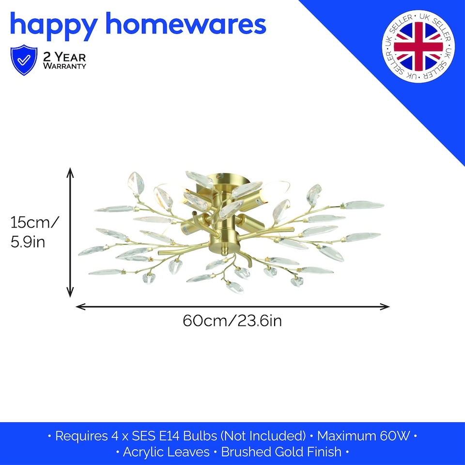 image 1 of Modern Brushed Gold Plated Branch Ceiling Light Fitting with Acrylic Leaves | Gold | Gold | 1